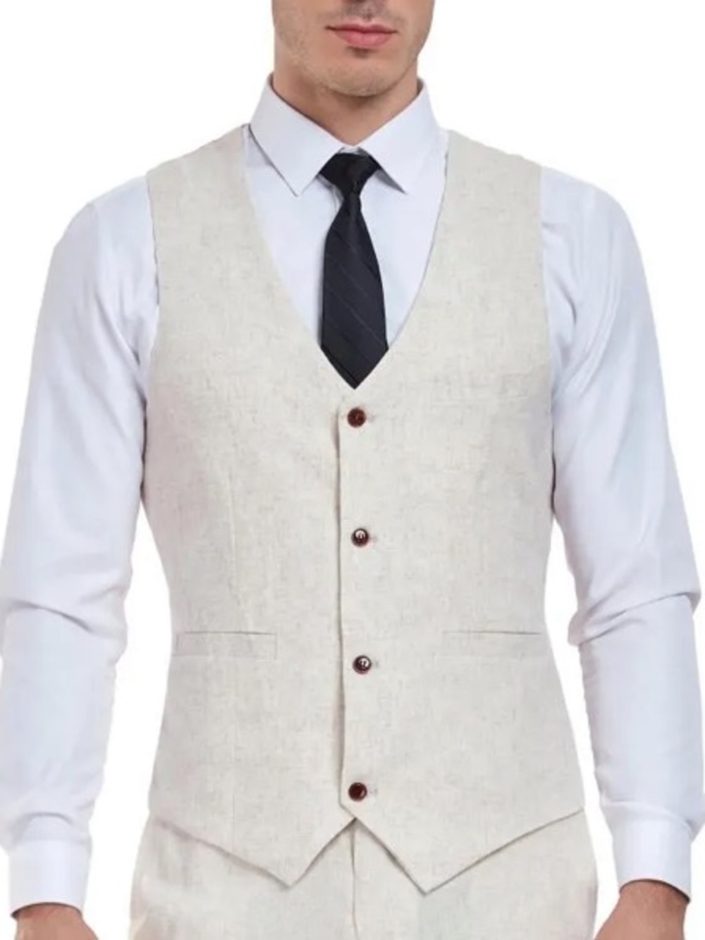 Linen Blend Button-Front Neutral Formalwear Quiet Luxury Beige Vest